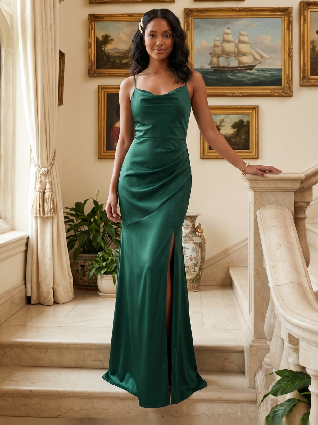 Simple Forest Green Satin Mermaid Cowl Neck Criss-Cross Straps Ankle-Length Bridesmaid Dress