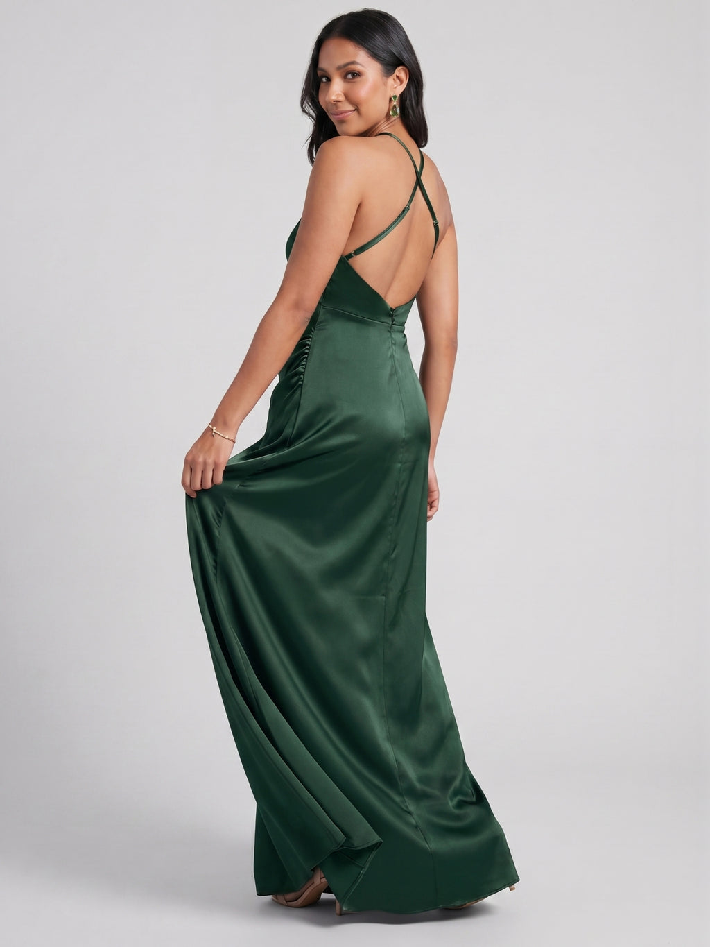 Simple Forest Green Satin Sheath Halter neckline Backless Ankle-Length Bridesmaid Dress