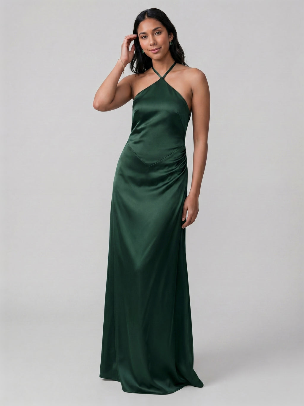 Simple Forest Green Satin Sheath Halter neckline Backless Ankle-Length Bridesmaid Dress
