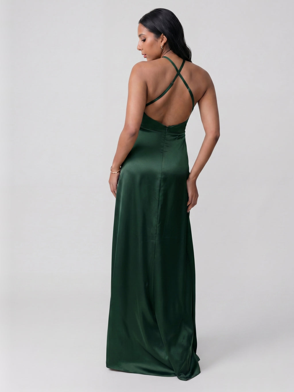 Simple Forest Green Satin Sheath Halter neckline Backless Ankle-Length Bridesmaid Dress