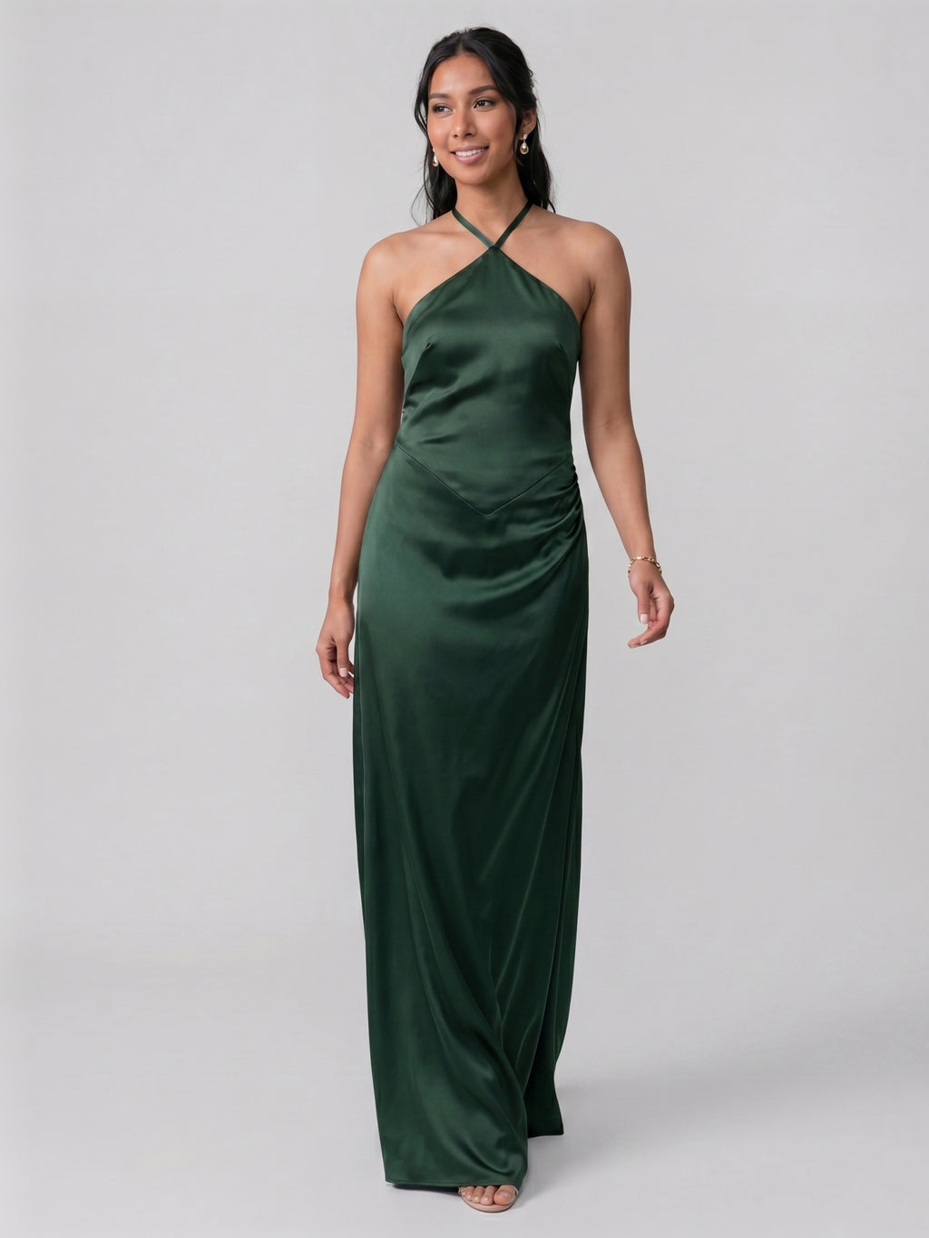Simple Forest Green Satin Sheath Halter neckline Backless Ankle-Length Bridesmaid Dress