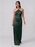 Simple Forest Green Satin Sheath Halter neckline Backless Ankle-Length Bridesmaid Dress