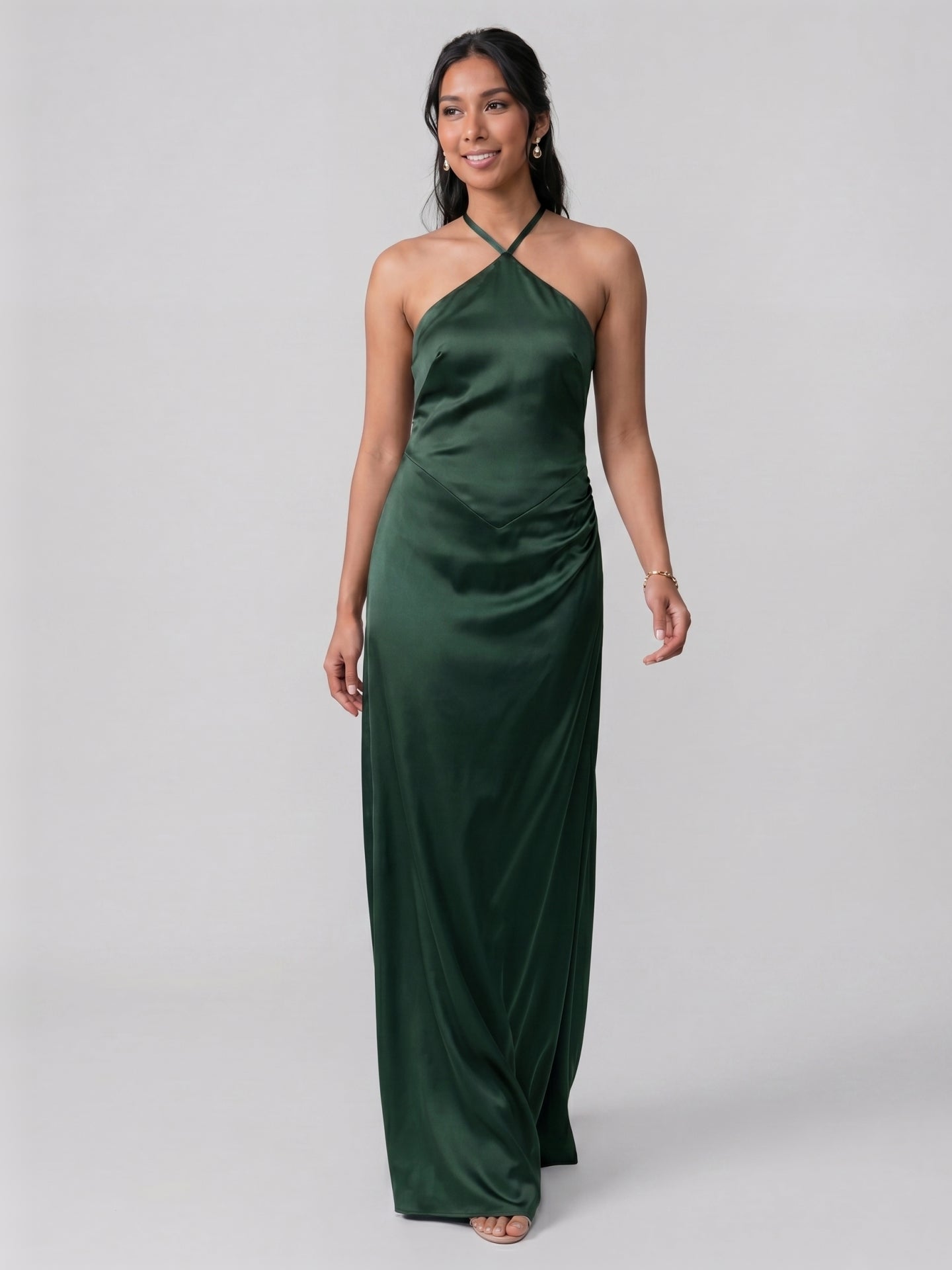 Simple Forest Green Satin Sheath Halter neckline Backless Ankle-Length Bridesmaid Dress