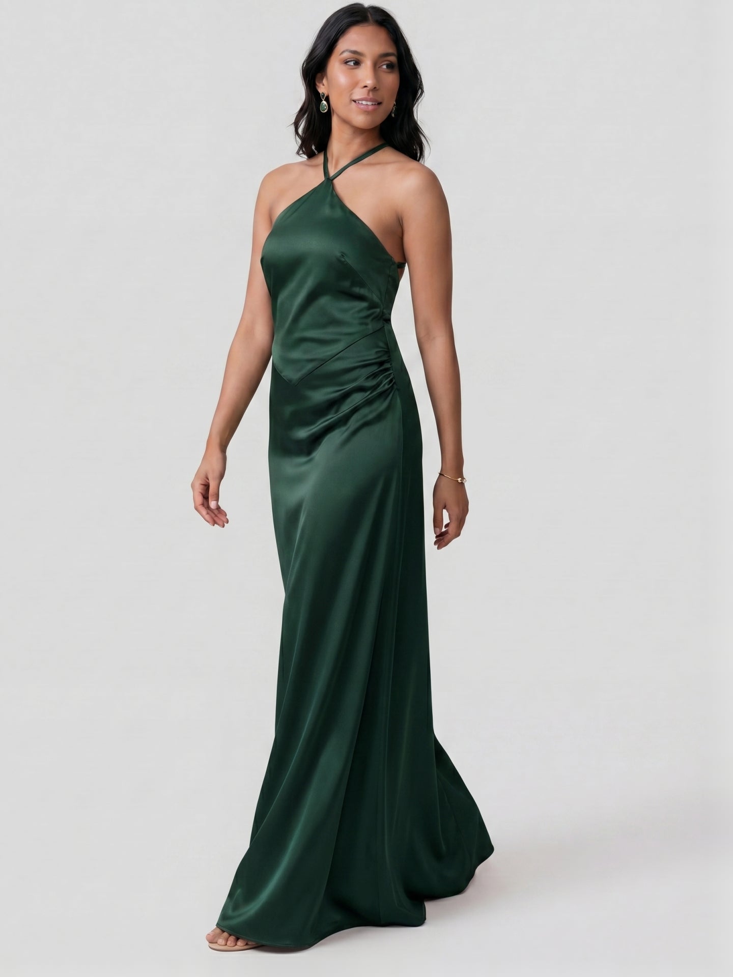 Simple Forest Green Satin Sheath Halter neckline Backless Ankle-Length Bridesmaid Dress