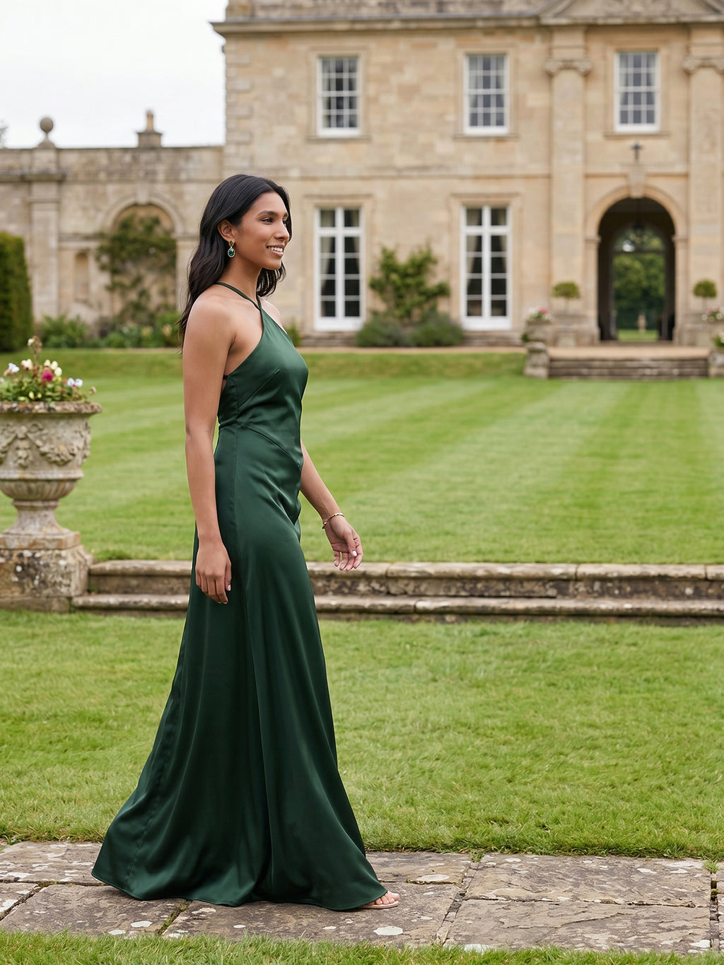 Simple Forest Green Satin Sheath Halter neckline Backless Ankle-Length Bridesmaid Dress