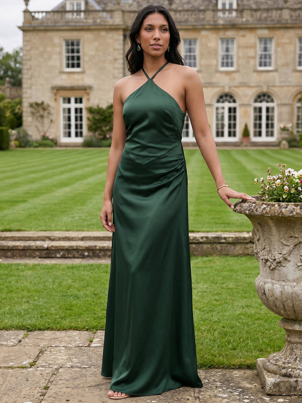 Simple Forest Green Satin Sheath Halter neckline Backless Ankle-Length Bridesmaid Dress