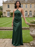 Simple Forest Green Satin Sheath Halter neckline Backless Ankle-Length Bridesmaid Dress