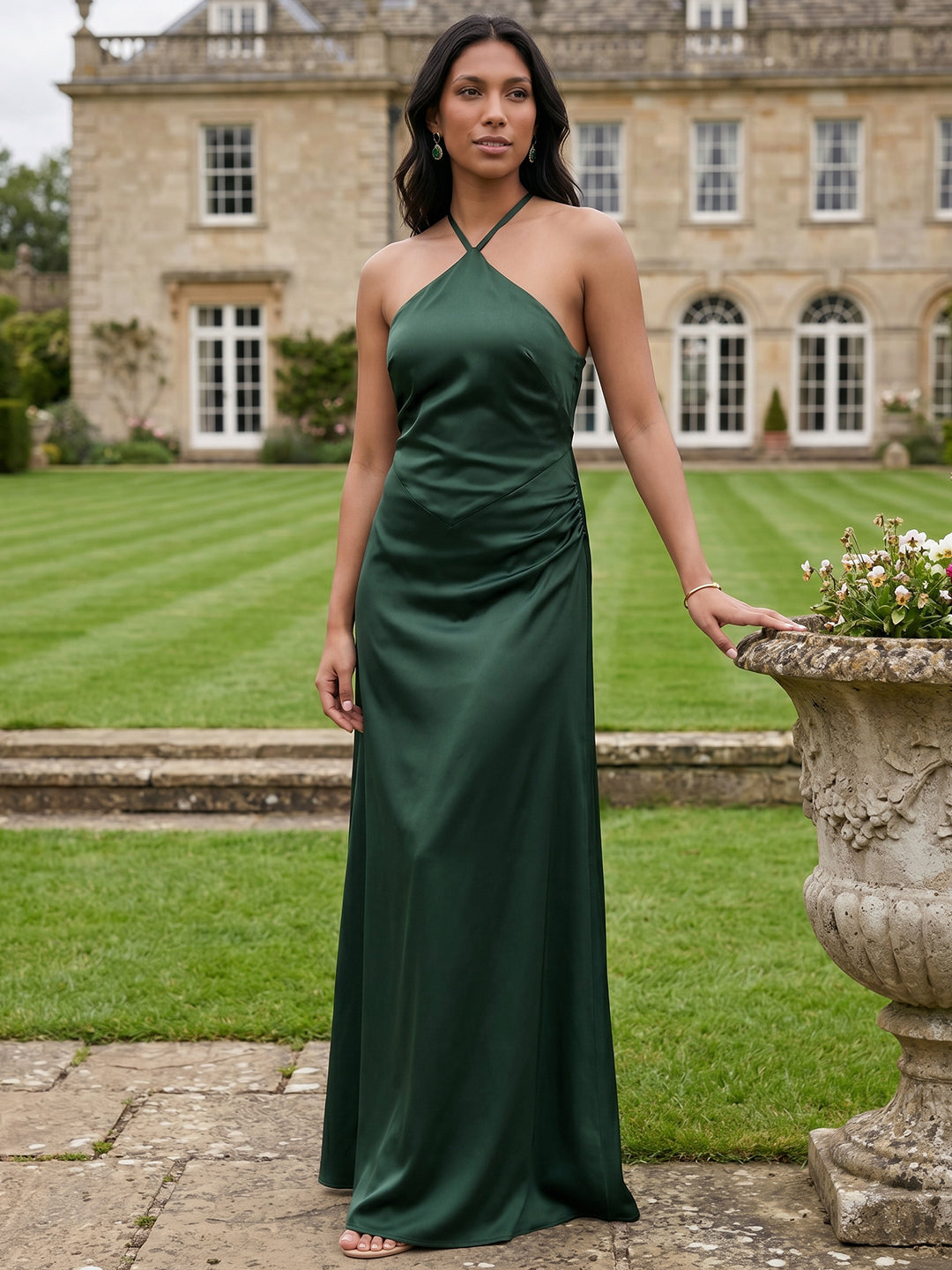 Simple Forest Green Satin Sheath Halter neckline Backless Ankle-Length Bridesmaid Dress