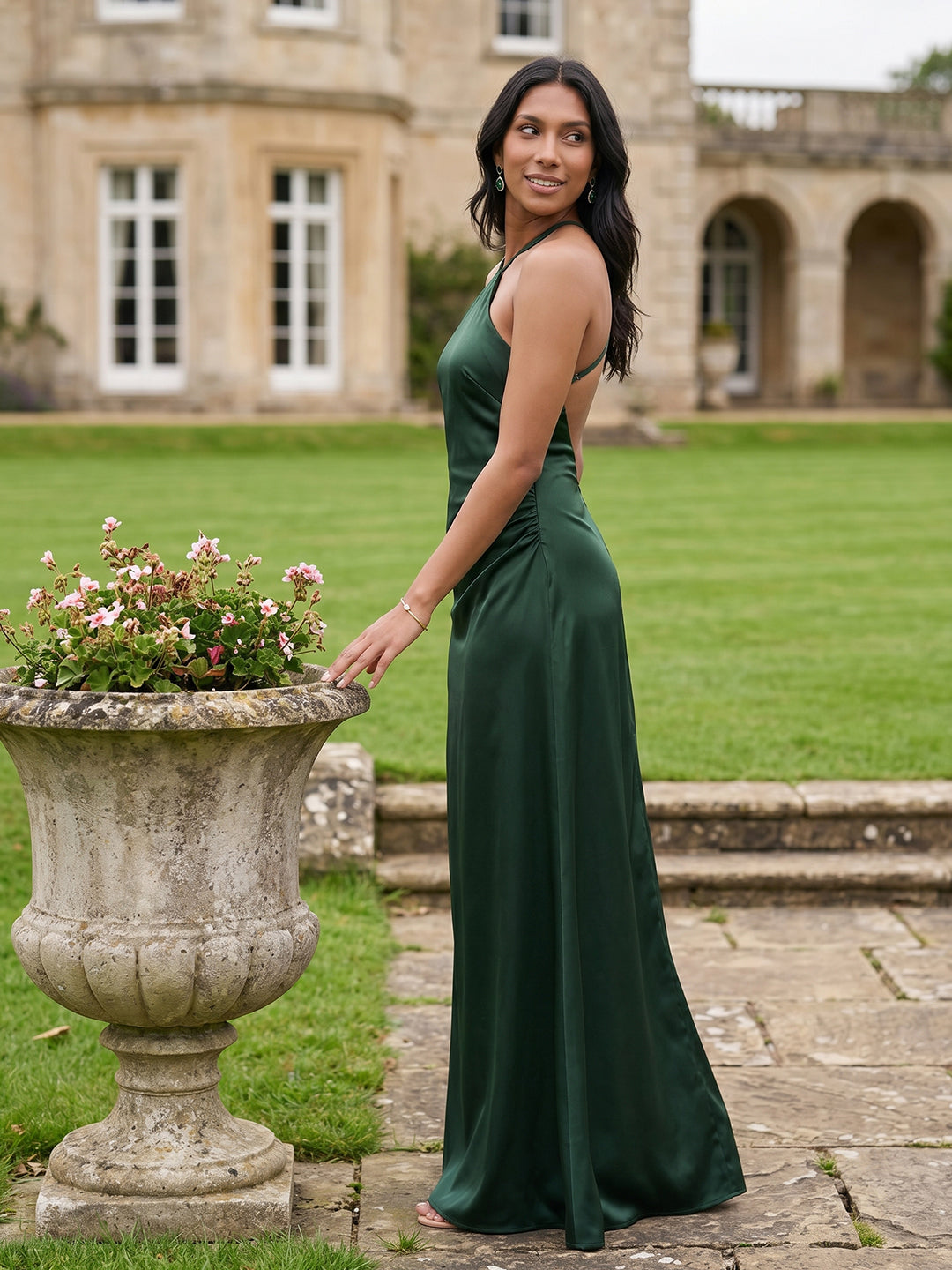 Simple Forest Green Satin Sheath Halter neckline Backless Ankle-Length Bridesmaid Dress