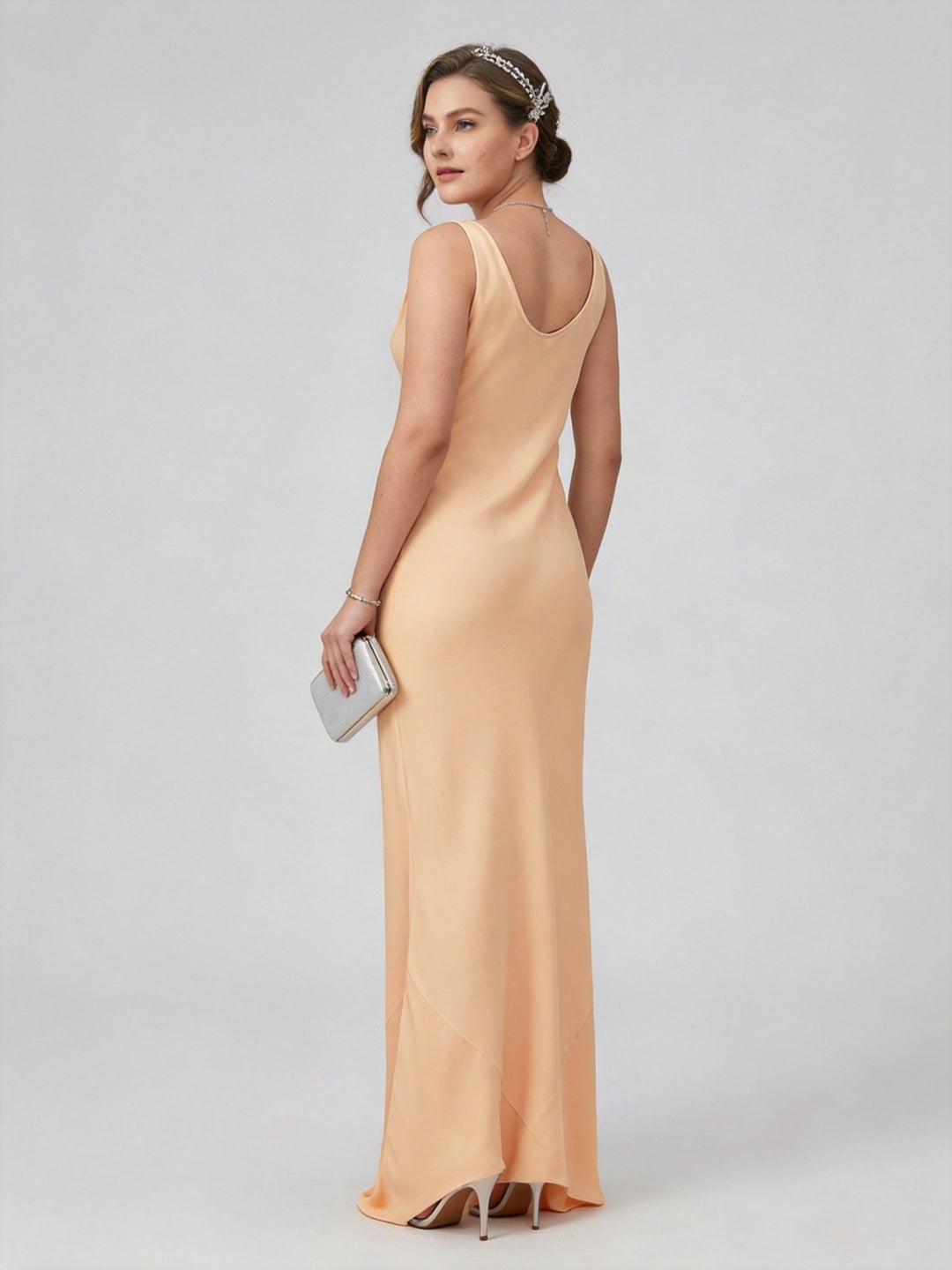 Simple Gold Satin A-Line Cowl Neck Backless Ankle-Length Bridesmaid Dress