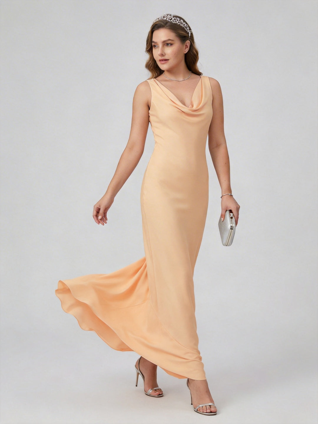 Simple Gold Satin A-Line Cowl Neck Backless Ankle-Length Bridesmaid Dress