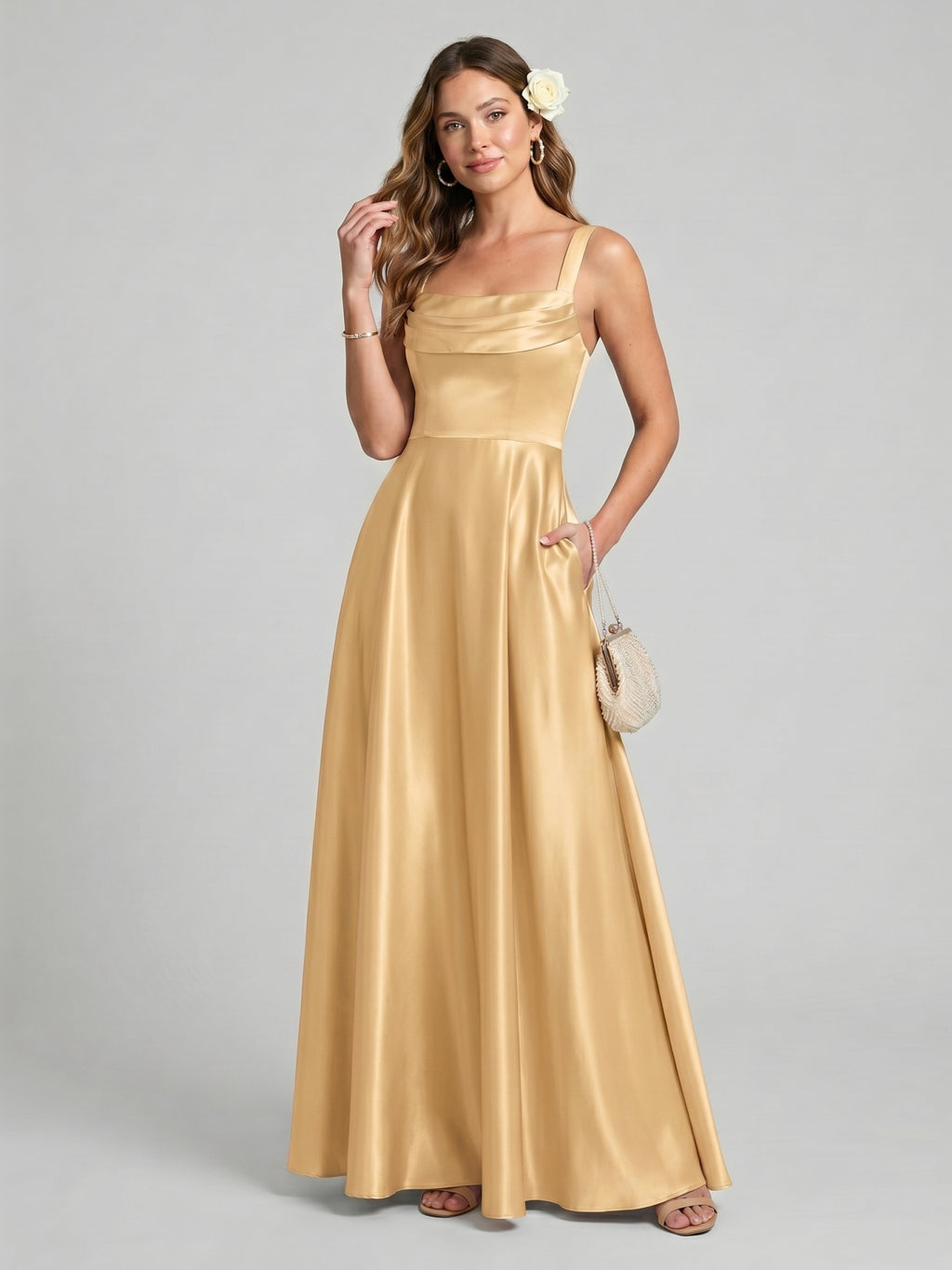 Simple Gold Satin A-Line Square Neck Back Zip with Pleated Ankle-Length Bridesmaid Dress