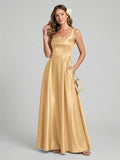 Simple Gold Satin A-Line Square Neck Back Zip with Pleated Ankle-Length Bridesmaid Dress
