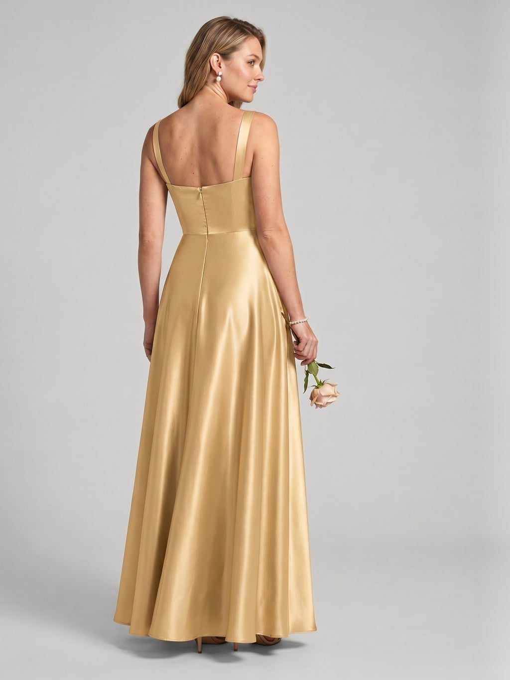 Simple Gold Satin A-Line Square Neck Back Zip with Pleated Ankle-Length Bridesmaid Dress