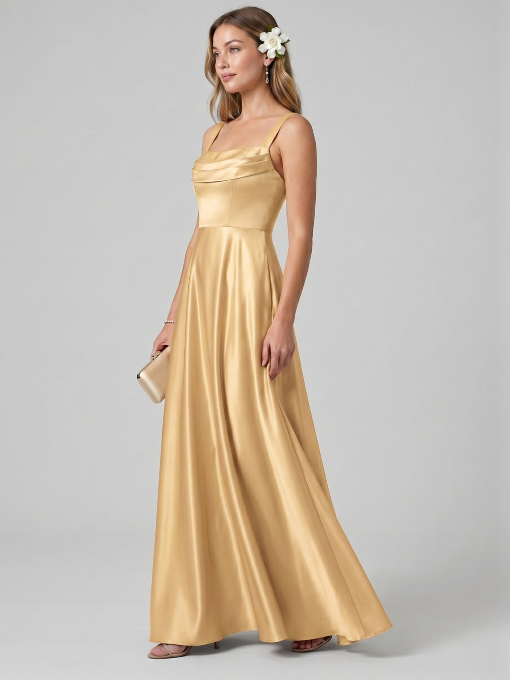 Simple Gold Satin A-Line Square Neck Back Zip with Pleated Ankle-Length Bridesmaid Dress