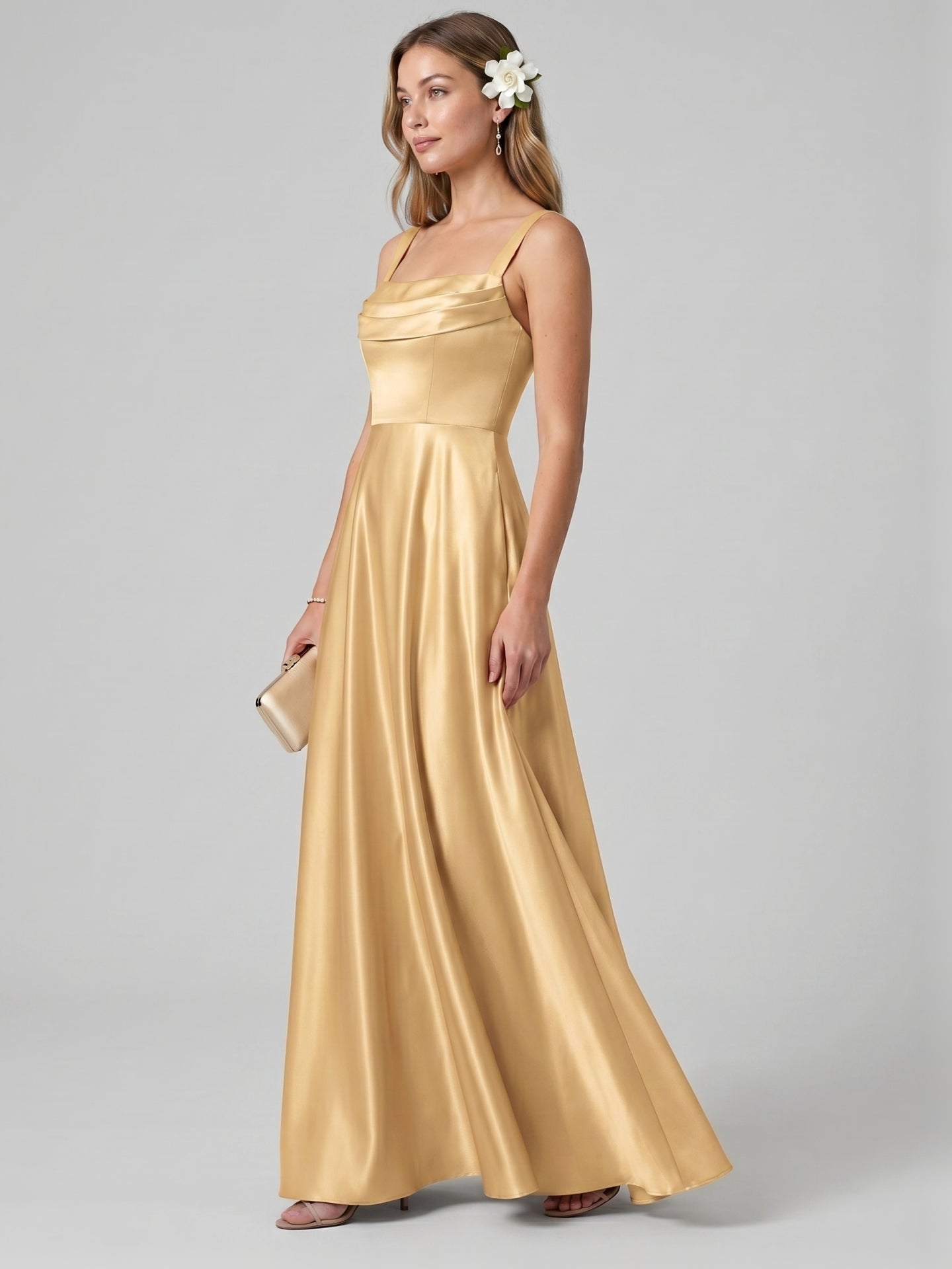 Simple Gold Satin A-Line Square Neck Back Zip with Pleated Ankle-Length Bridesmaid Dress