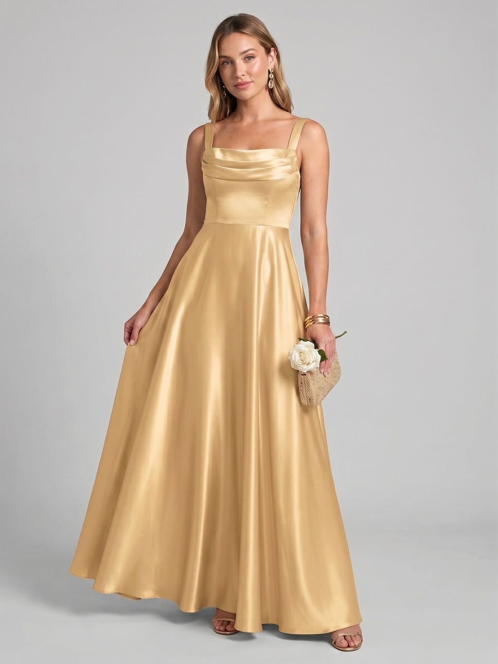 Simple Gold Satin A-Line Square Neck Back Zip with Pleated Ankle-Length Bridesmaid Dress