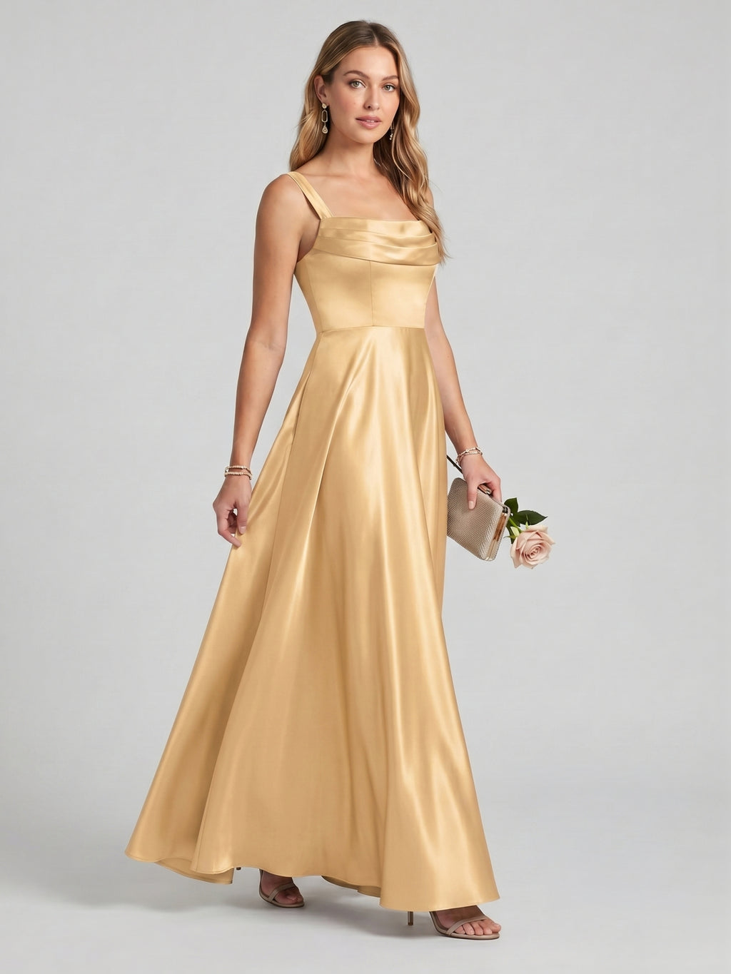 Simple Gold Satin A-Line Square Neck Back Zip with Pleated Ankle-Length Bridesmaid Dress