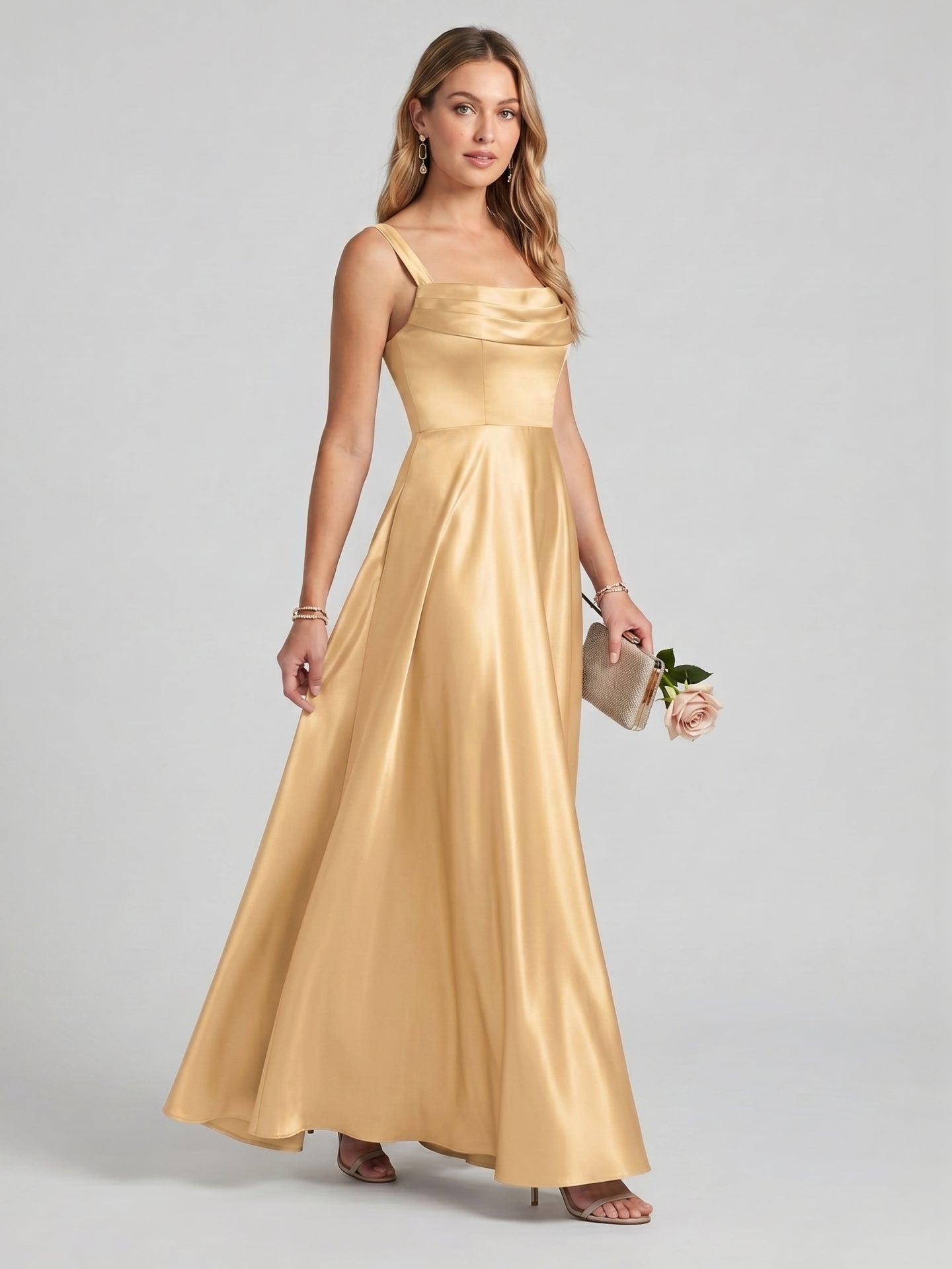 Simple Gold Satin A-Line Square Neck Back Zip with Pleated Ankle-Length Bridesmaid Dress