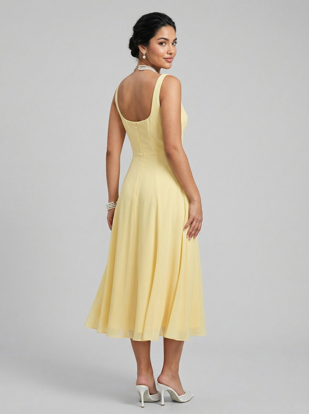 Simple Chiffon Chiffon A-Line Square Neck Tea-Length Bridesmaid Dress
