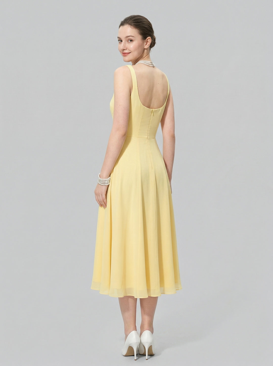 Simple Chiffon Chiffon A-Line Square Neck Tea-Length Bridesmaid Dress