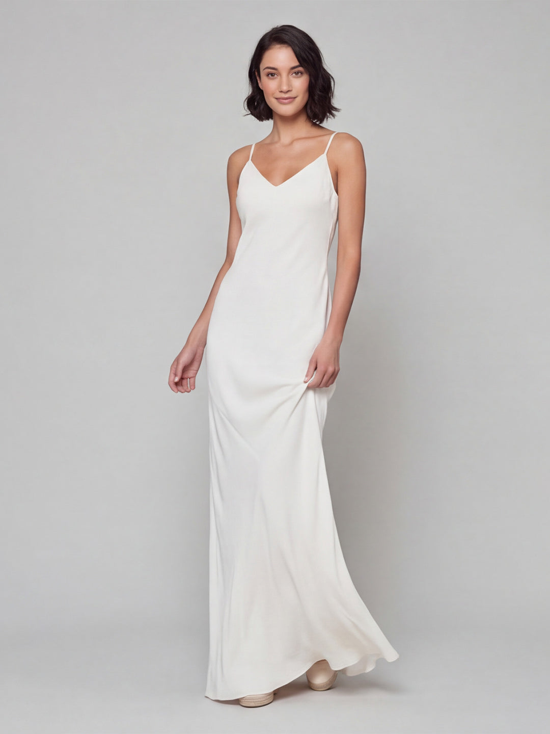 Simple White Satin A-Line V-Neck Backless Ankle-Length Bridesmaid Dress