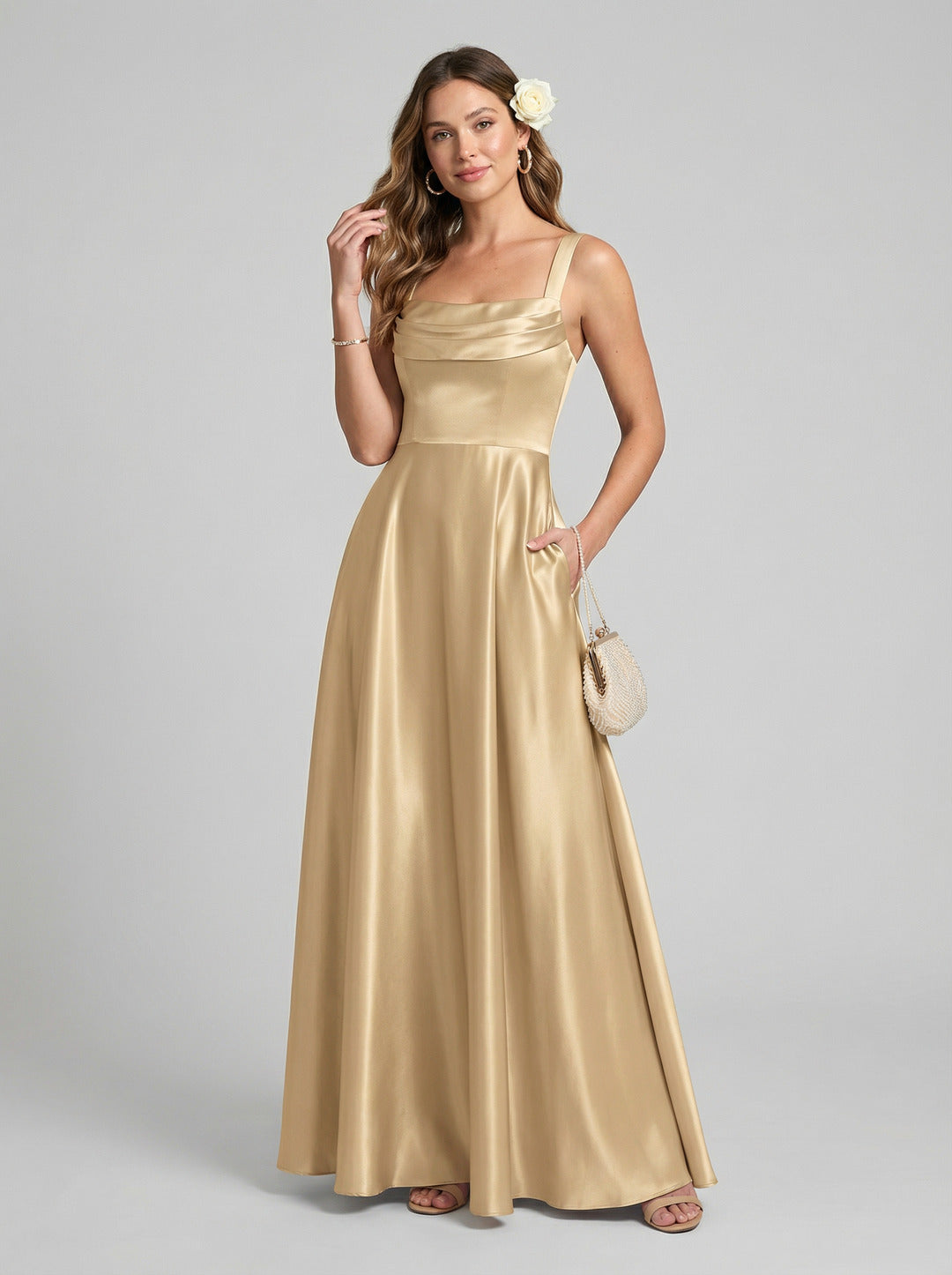Simple Gold Satin A-Line Square Neck Back Zip with Pleated Ankle-Length Bridesmaid Dress