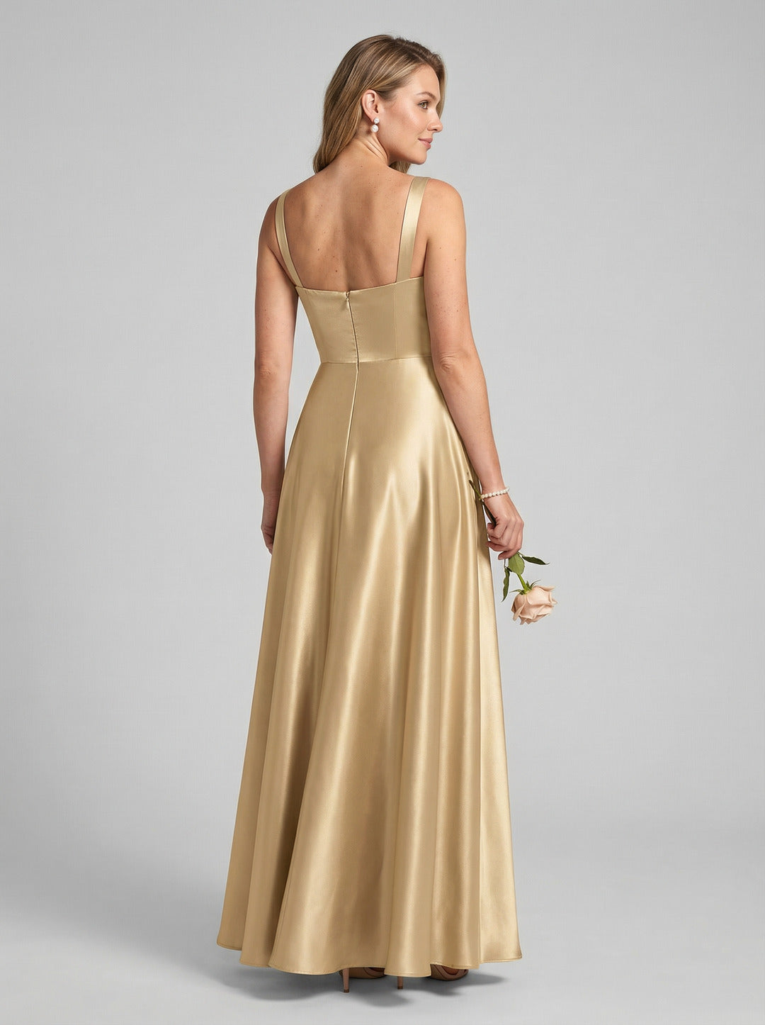 Simple Gold Satin A-Line Square Neck Back Zip with Pleated Ankle-Length Bridesmaid Dress