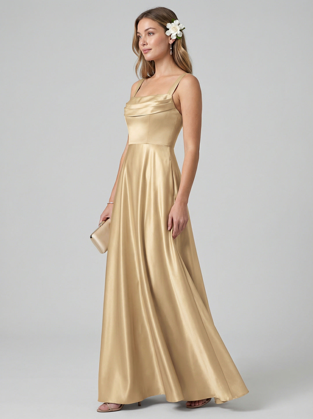 Simple Gold Satin A-Line Square Neck Back Zip with Pleated Ankle-Length Bridesmaid Dress