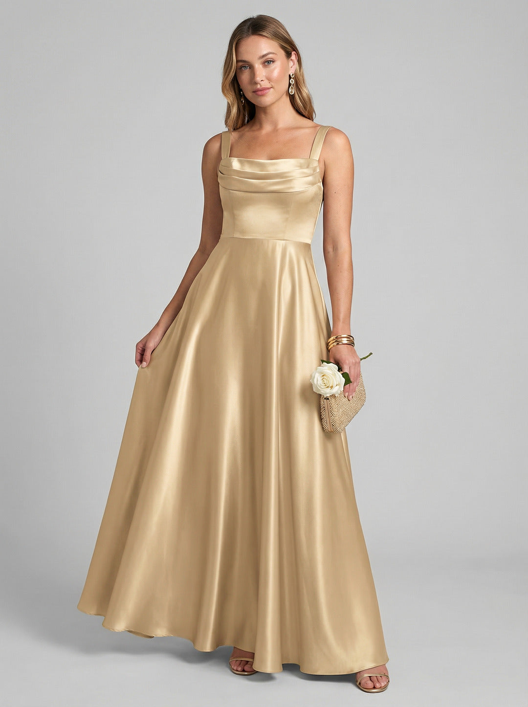 Simple Gold Satin A-Line Square Neck Back Zip with Pleated Ankle-Length Bridesmaid Dress