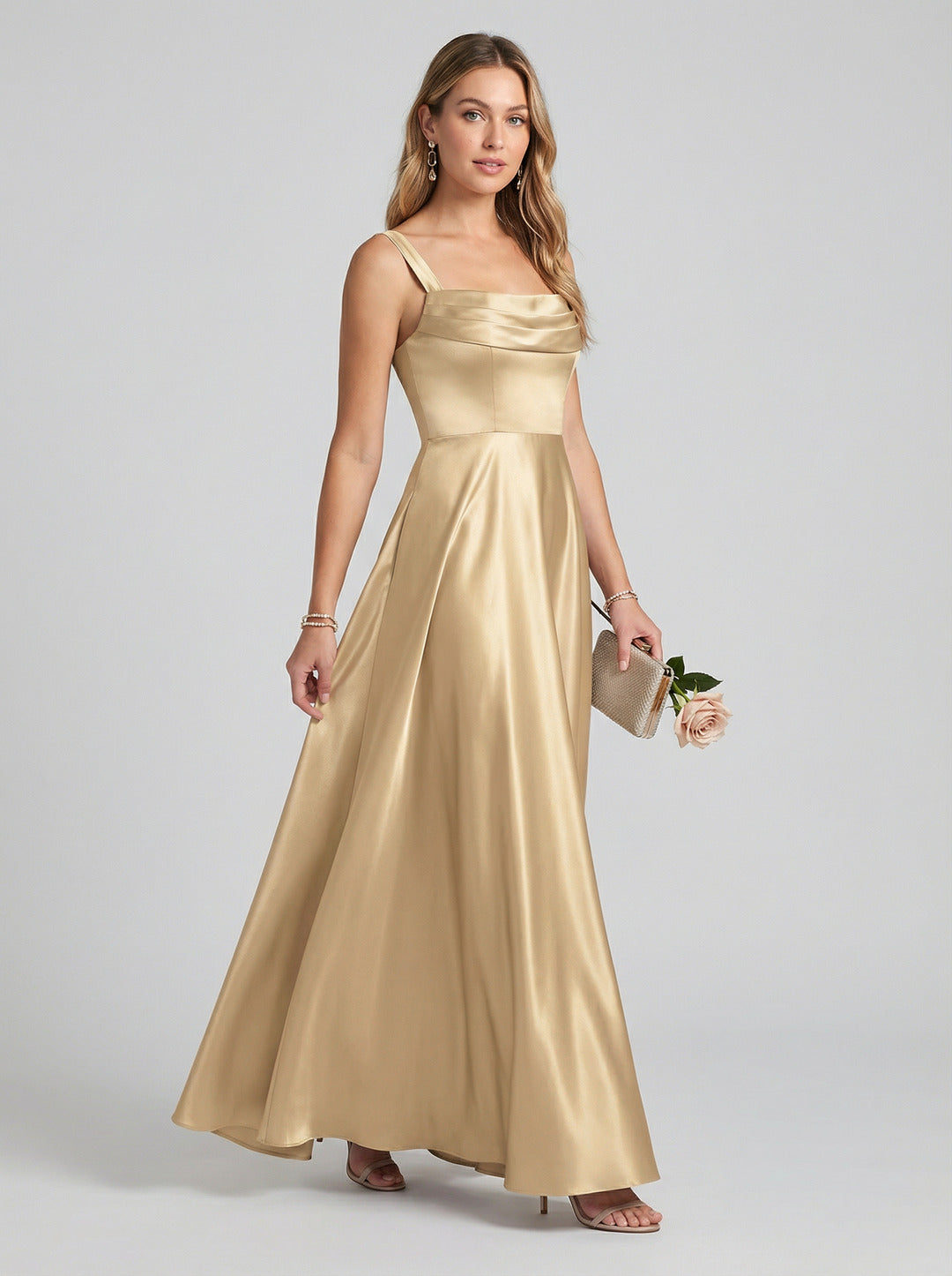 Simple Gold Satin A-Line Square Neck Back Zip with Pleated Ankle-Length Bridesmaid Dress