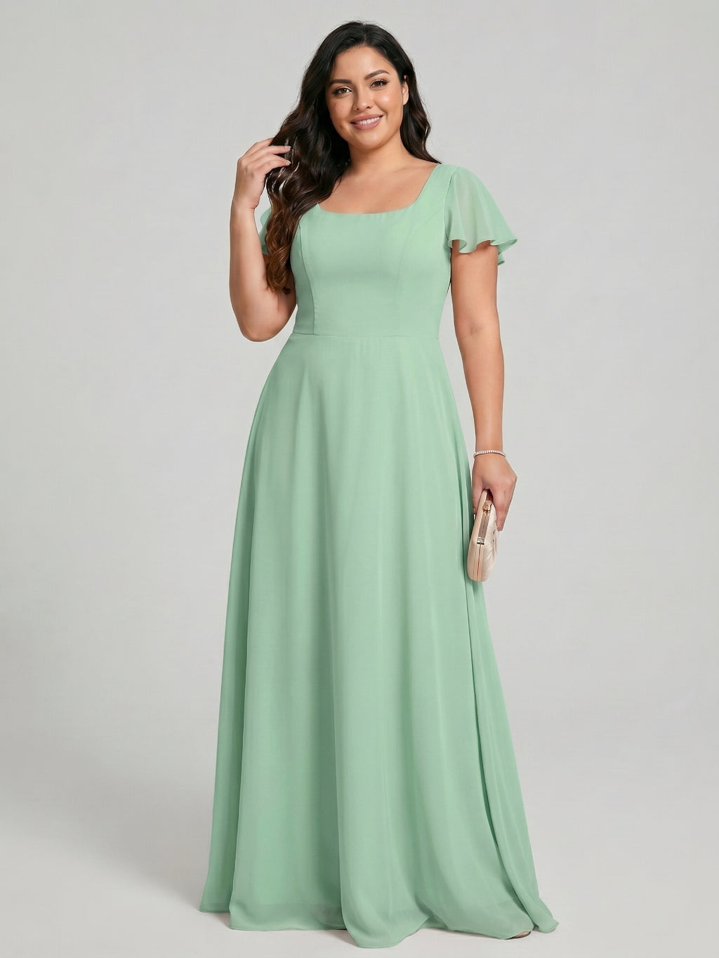 Simple Mint Green Chiffon A-Line Square Neck Back Zip with nan Ankle-Length Plus Size Bridesmaid Dress