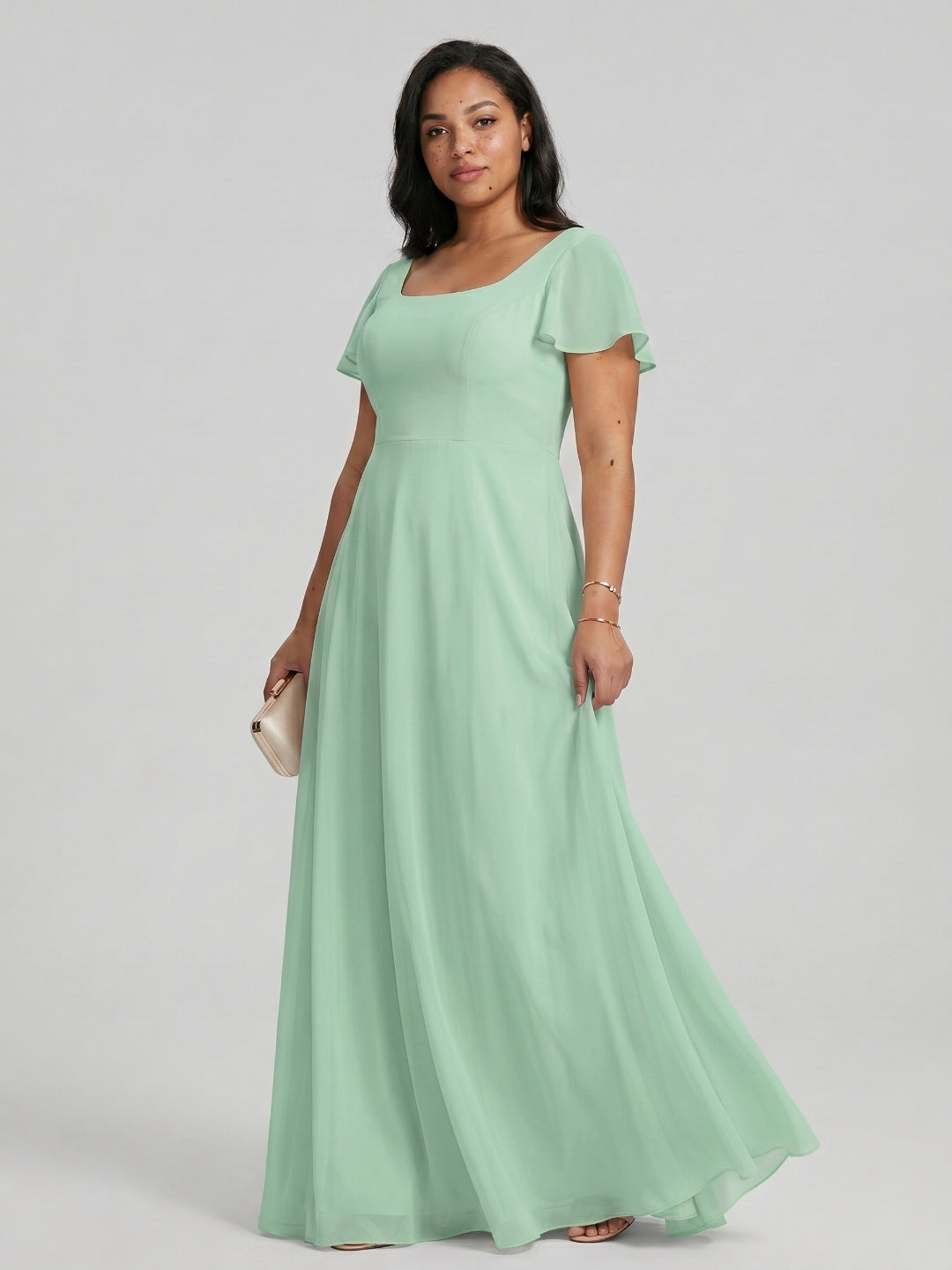 Simple Mint Green Chiffon A-Line Square Neck Back Zip with nan Ankle-Length Plus Size Bridesmaid Dress