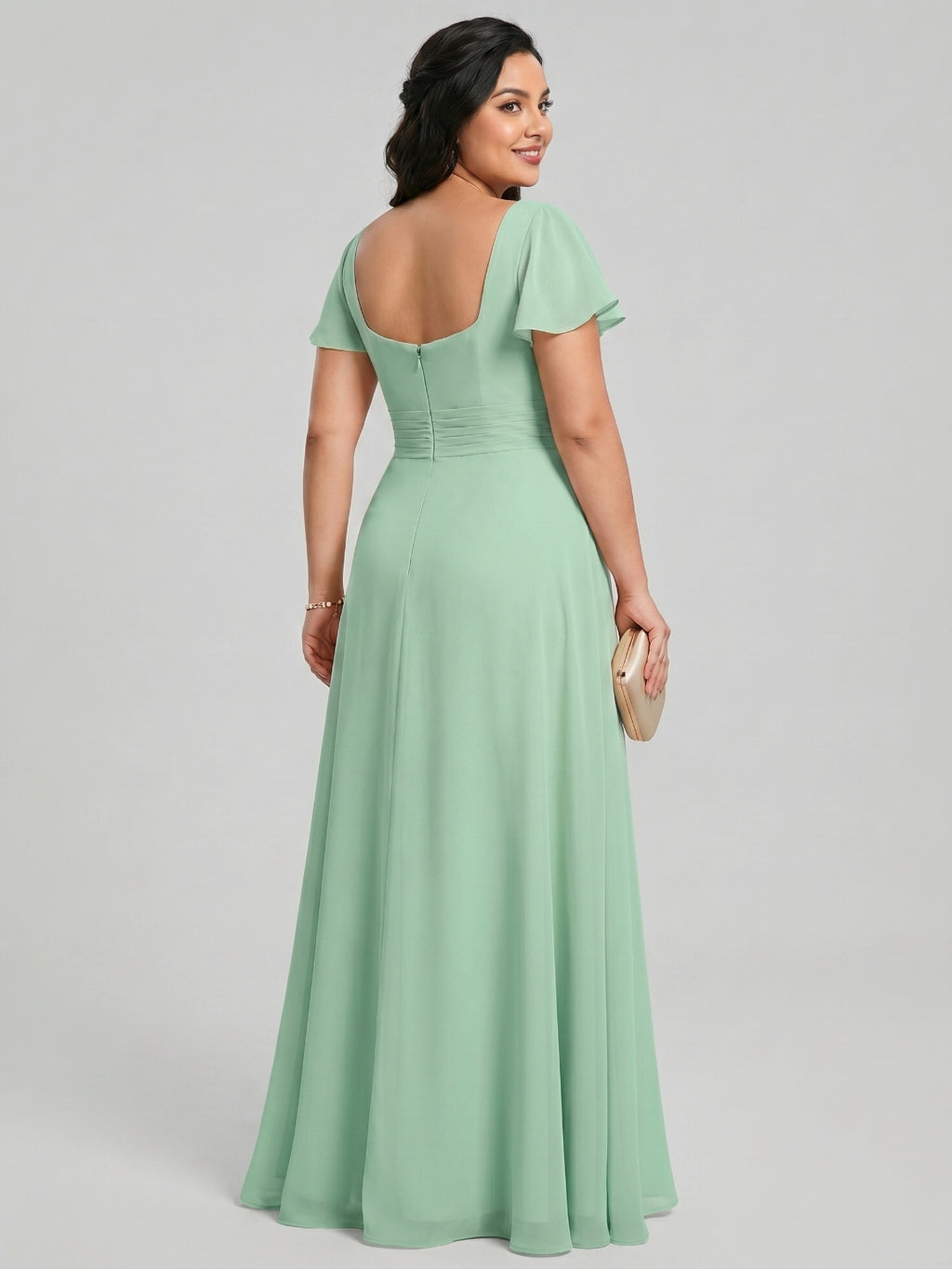 Simple Mint Green Chiffon A-Line Square Neck Back Zip with nan Ankle-Length Plus Size Bridesmaid Dress
