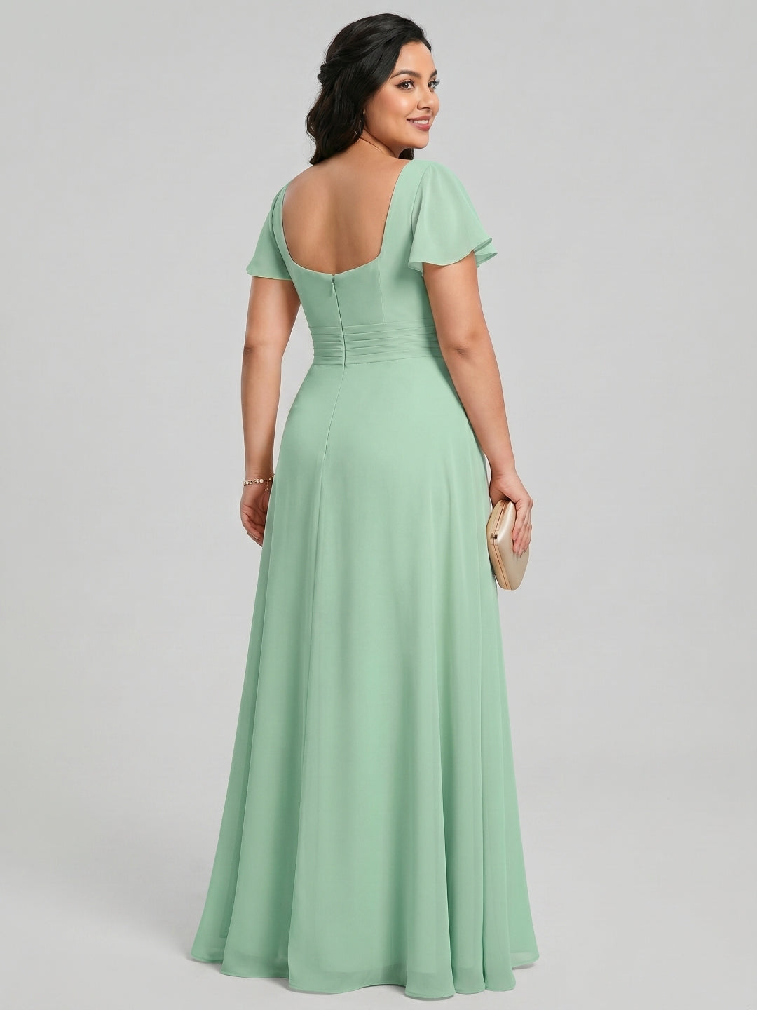 Simple Mint Green Chiffon A-Line Square Neck Back Zip with nan Ankle-Length Plus Size Bridesmaid Dress