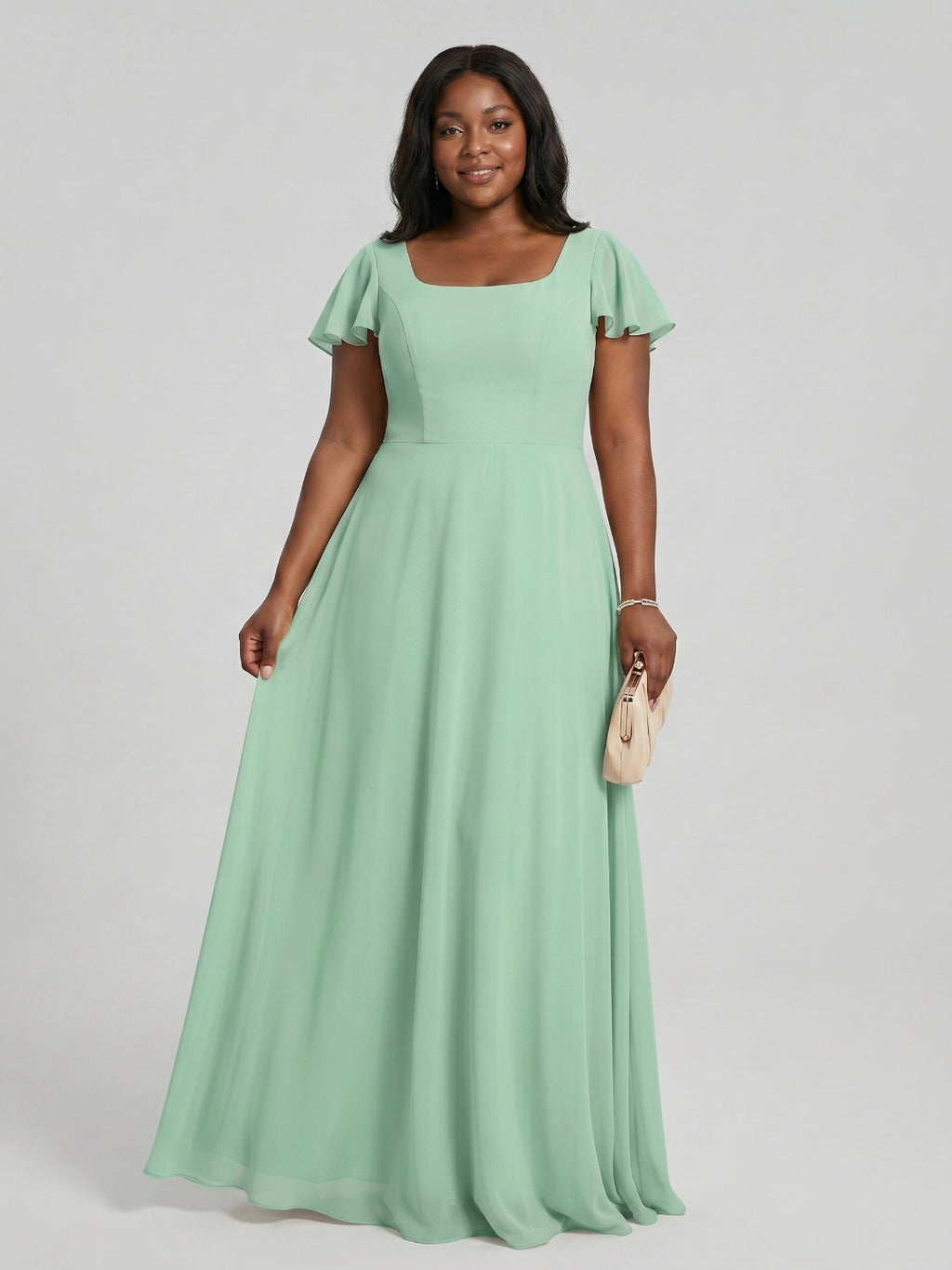 Simple Mint Green Chiffon A-Line Square Neck Back Zip with nan Ankle-Length Plus Size Bridesmaid Dress