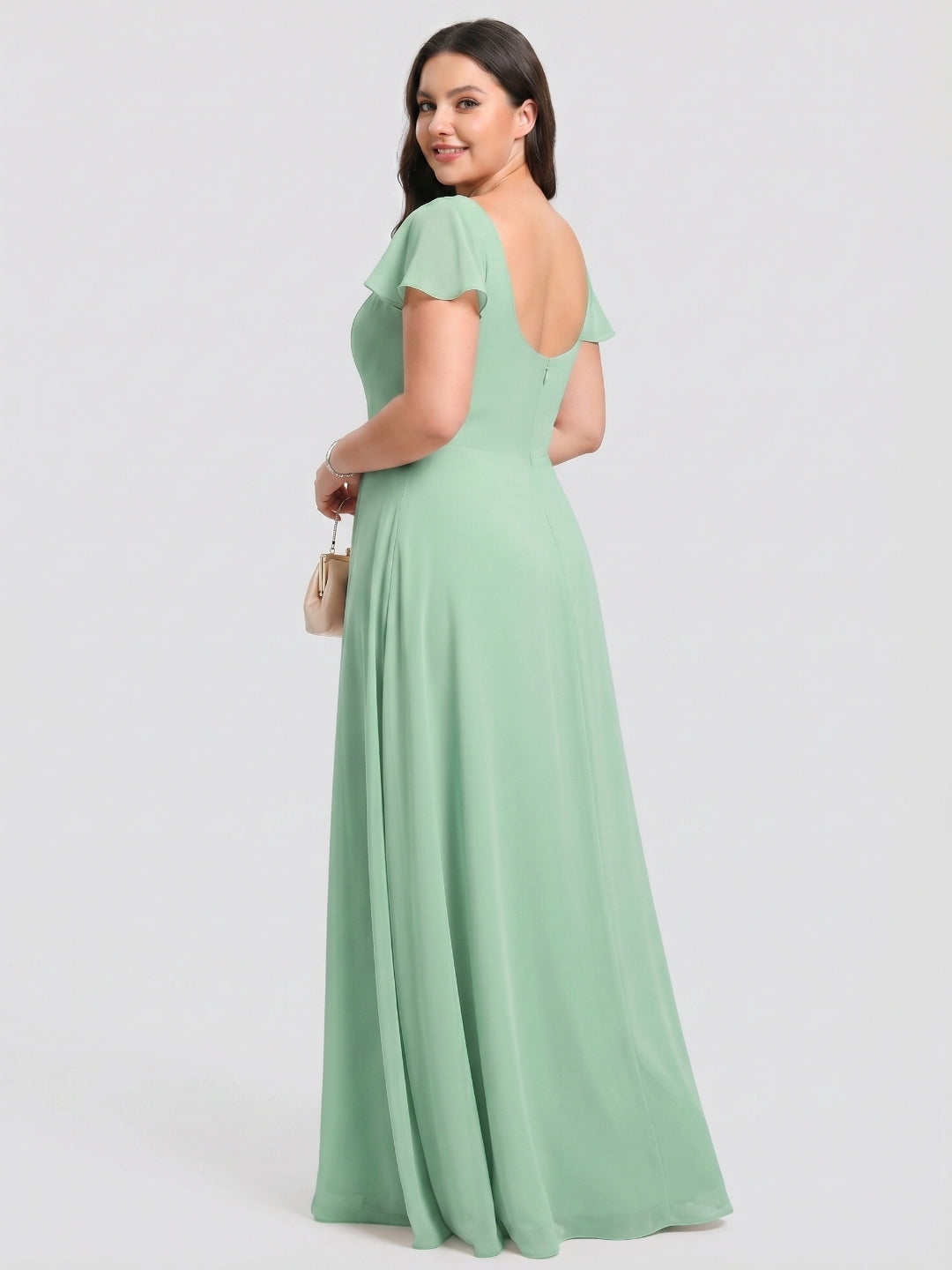 Simple Mint Green Chiffon A-Line Square Neck Back Zip with nan Ankle-Length Plus Size Bridesmaid Dress