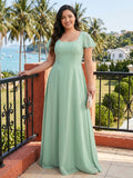 Simple Mint Green Chiffon A-Line Square Neck Back Zip with nan Ankle-Length Plus Size Bridesmaid Dress