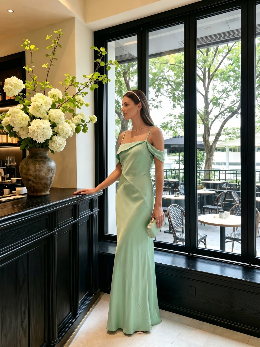 Simple Mint Green Satin Trumpet Off-the-Shoulder Backless Ankle-Length Bridesmaid Dress