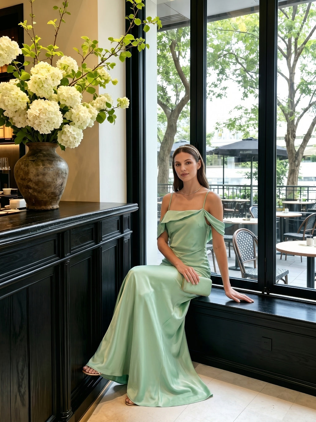 Simple Mint Green Satin Trumpet Off-the-Shoulder Backless Ankle-Length Bridesmaid Dress