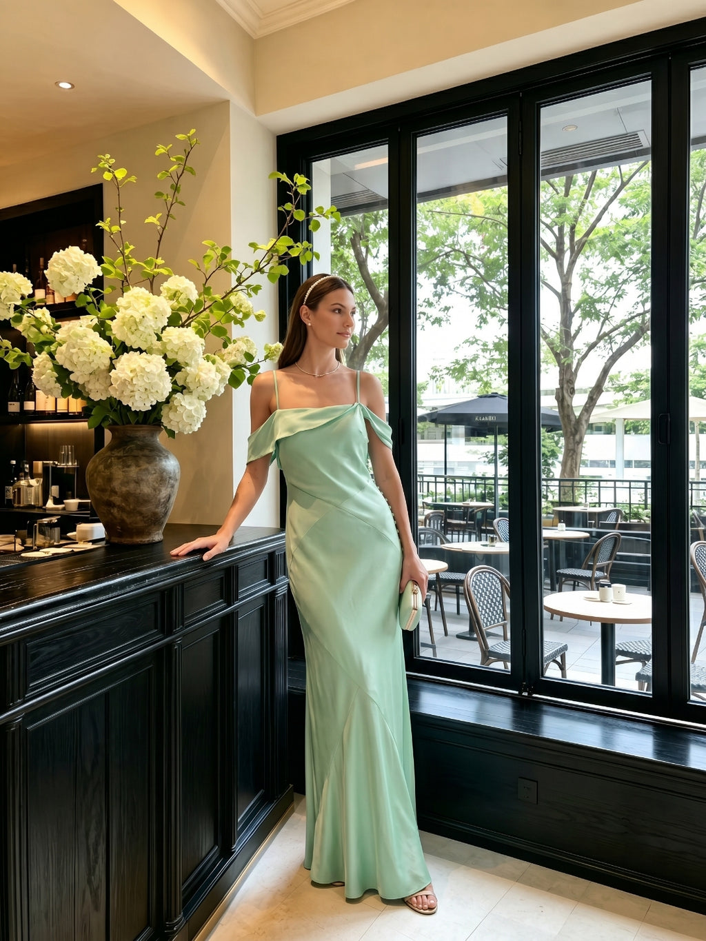 Simple Mint Green Satin Trumpet Off-the-Shoulder Backless Ankle-Length Bridesmaid Dress