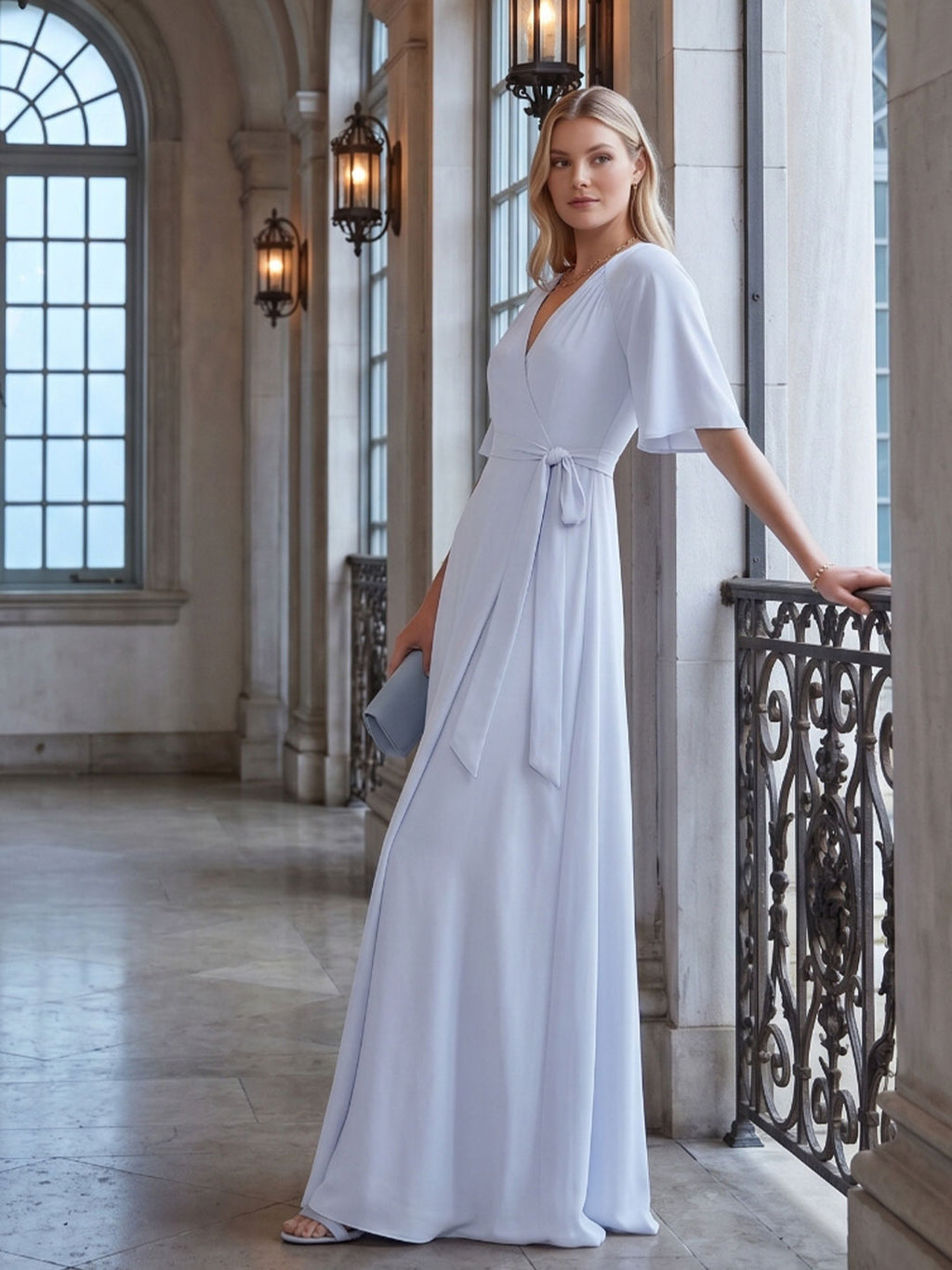 Simple Mist Chiffon A-Line V-Neck Back Zip Ankle-Length Bridesmaid Dress