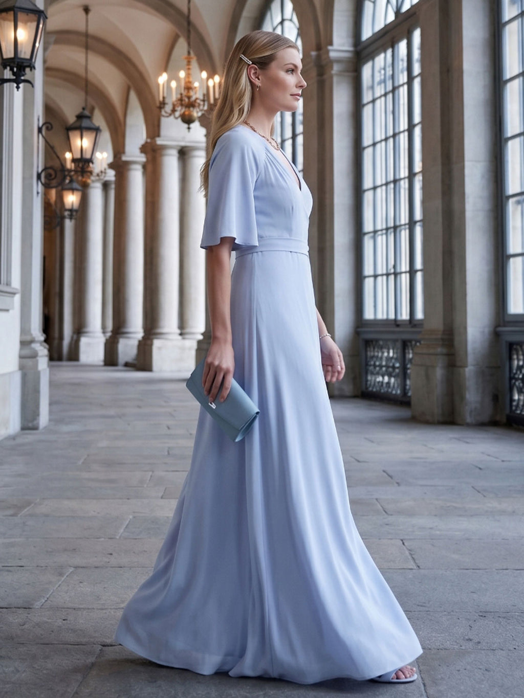Simple Mist Chiffon A-Line V-Neck Back Zip Ankle-Length Bridesmaid Dress