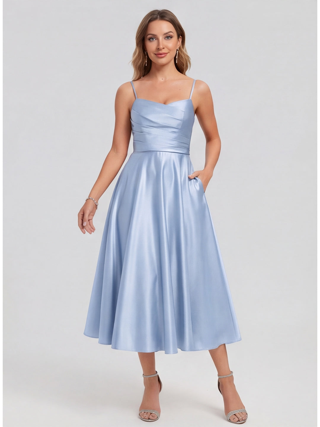 Simple Mist Satin A-Line Straight Neck Back Zip with nan Knee-Length Bridesmaid Dress