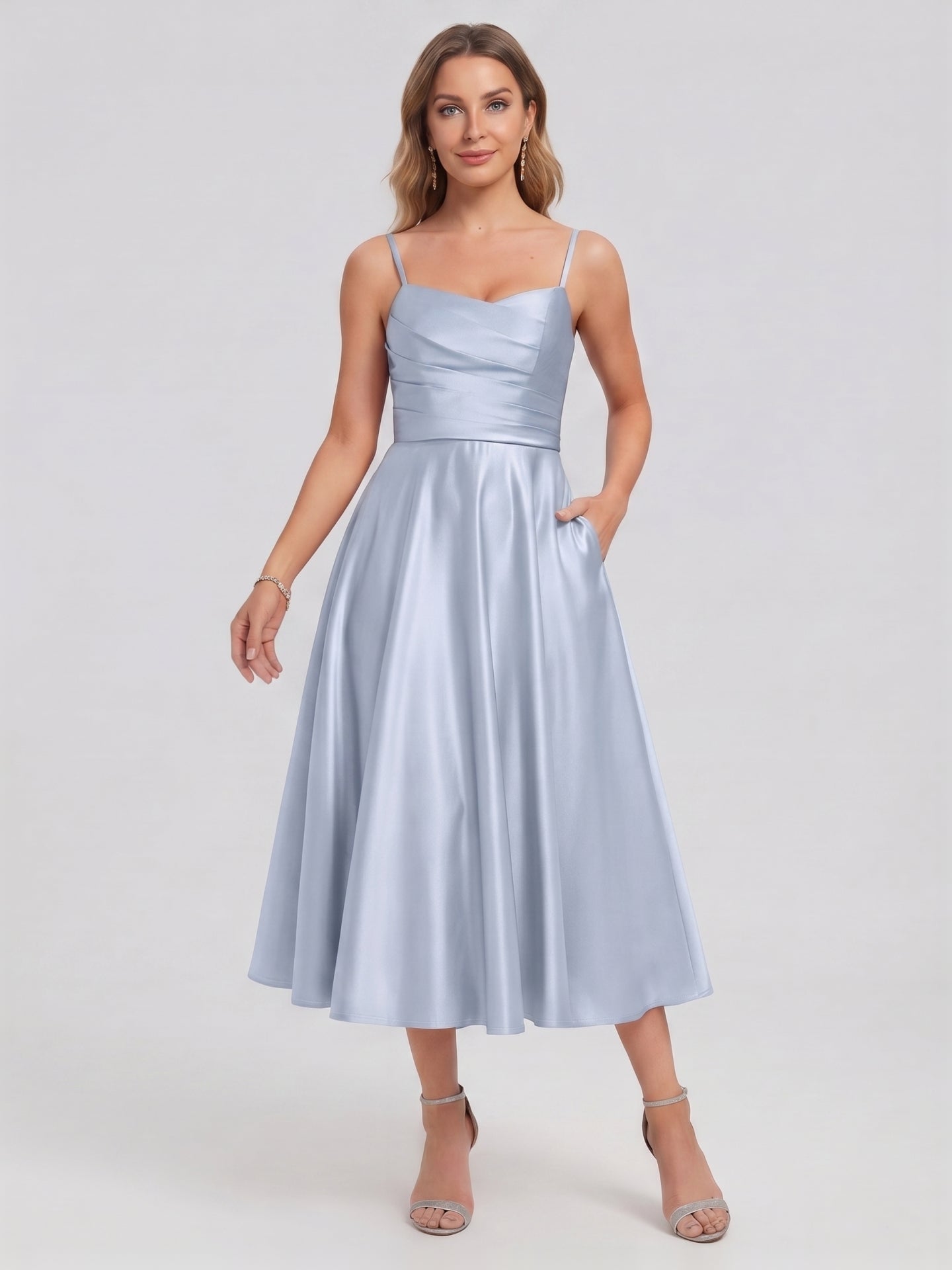 Simple Mist Satin A-Line Straight Neck Back Zip with nan Knee-Length Bridesmaid Dress