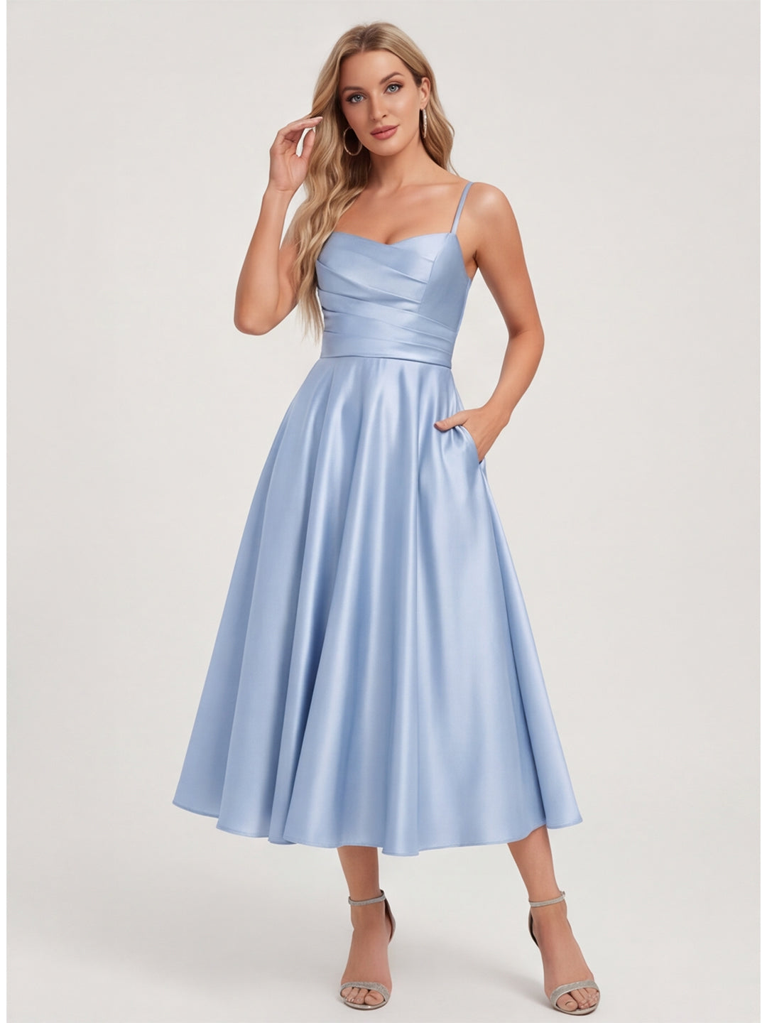 Simple Mist Satin A-Line Straight Neck Back Zip with nan Knee-Length Bridesmaid Dress