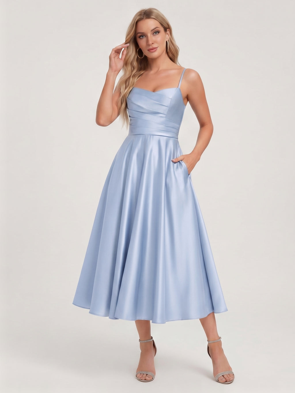 Simple Mist Satin A-Line Straight Neck Back Zip with nan Knee-Length Bridesmaid Dress