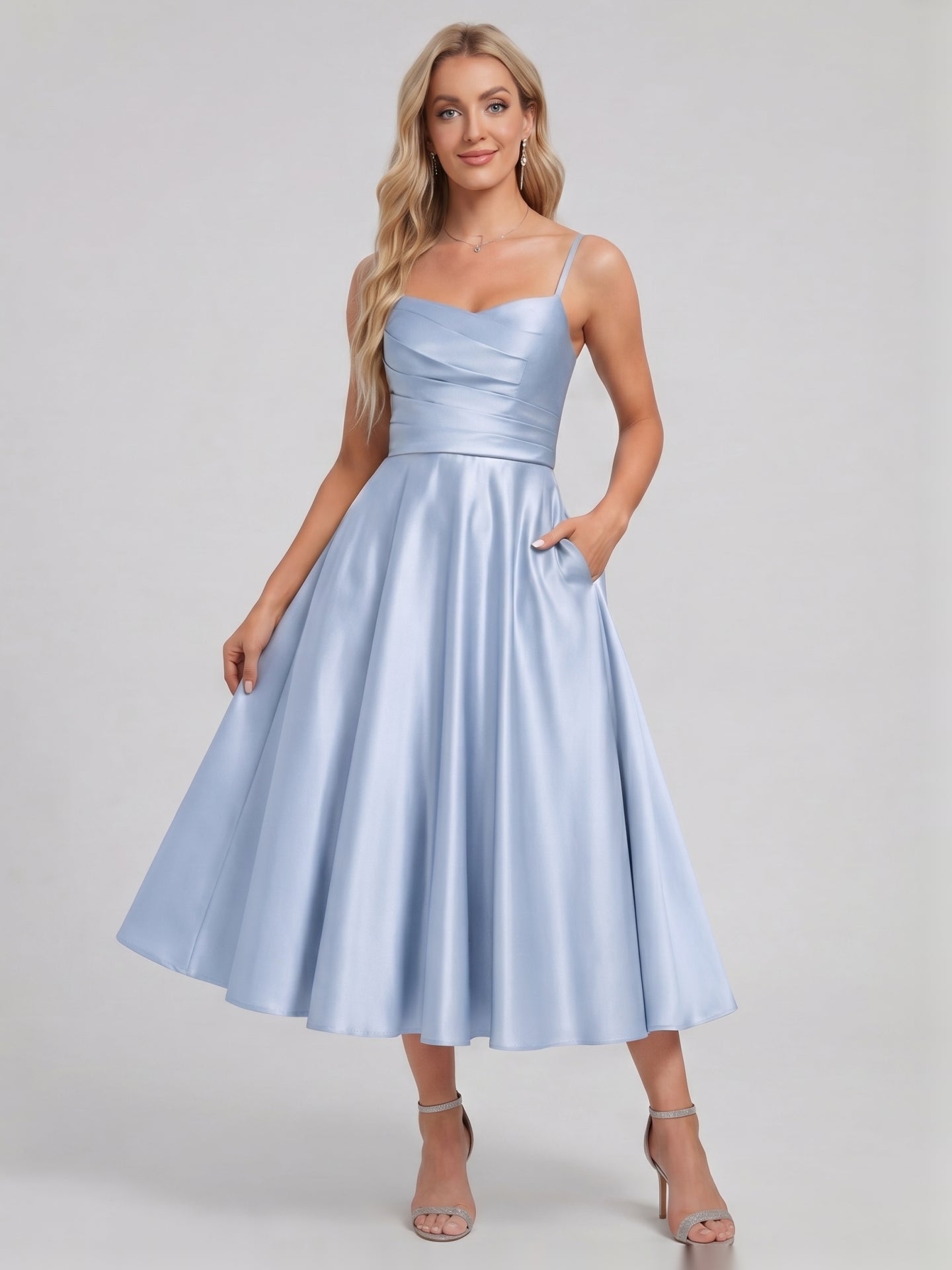 Simple Mist Satin A-Line Straight Neck Back Zip with nan Knee-Length Bridesmaid Dress