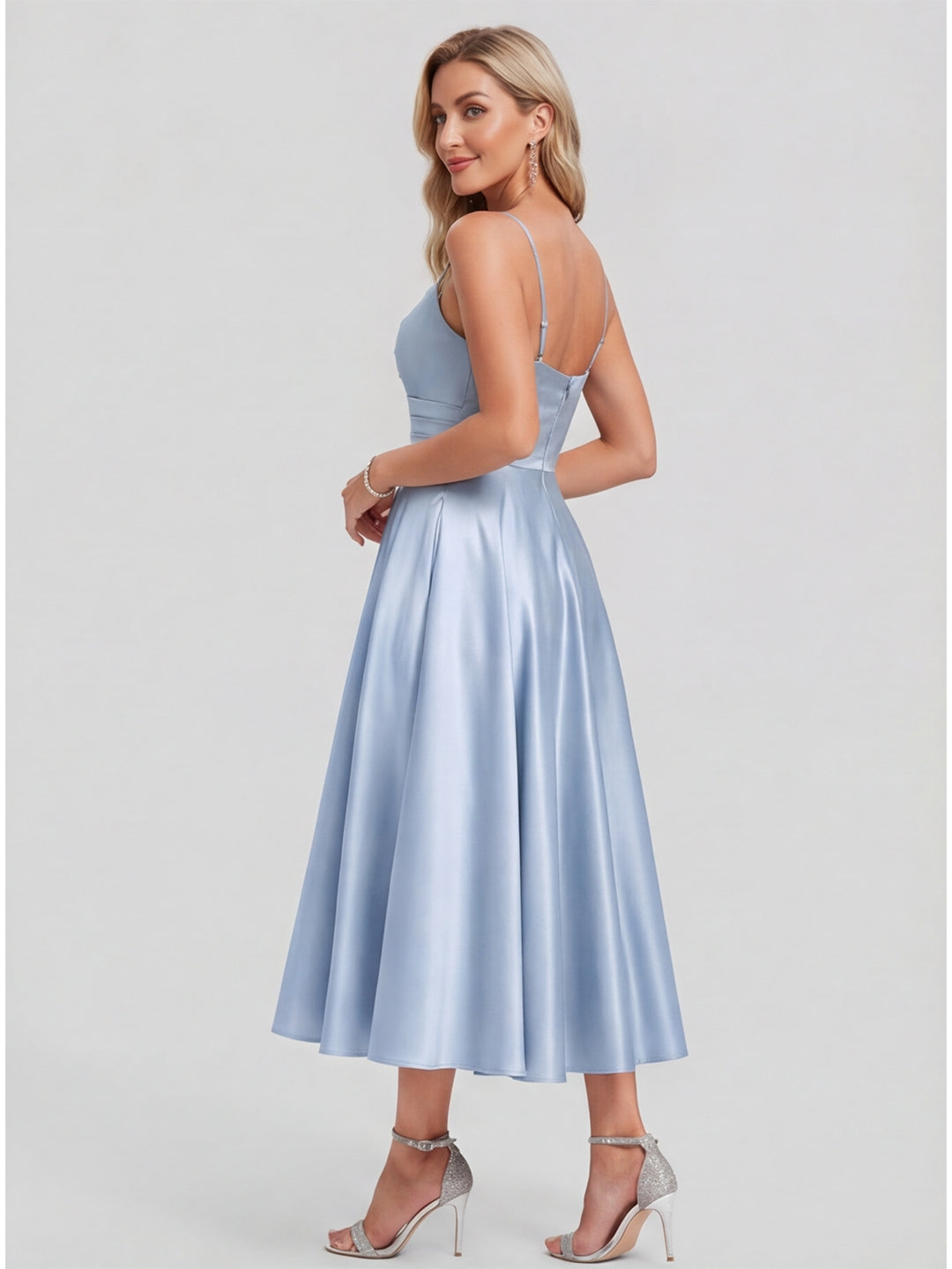 Simple Mist Satin A-Line Straight Neck Back Zip with nan Knee-Length Bridesmaid Dress