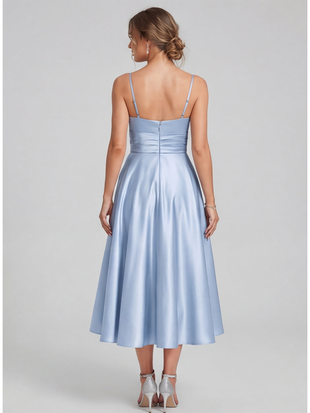 Simple Mist Satin A-Line Straight Neck Back Zip with nan Knee-Length Bridesmaid Dress
